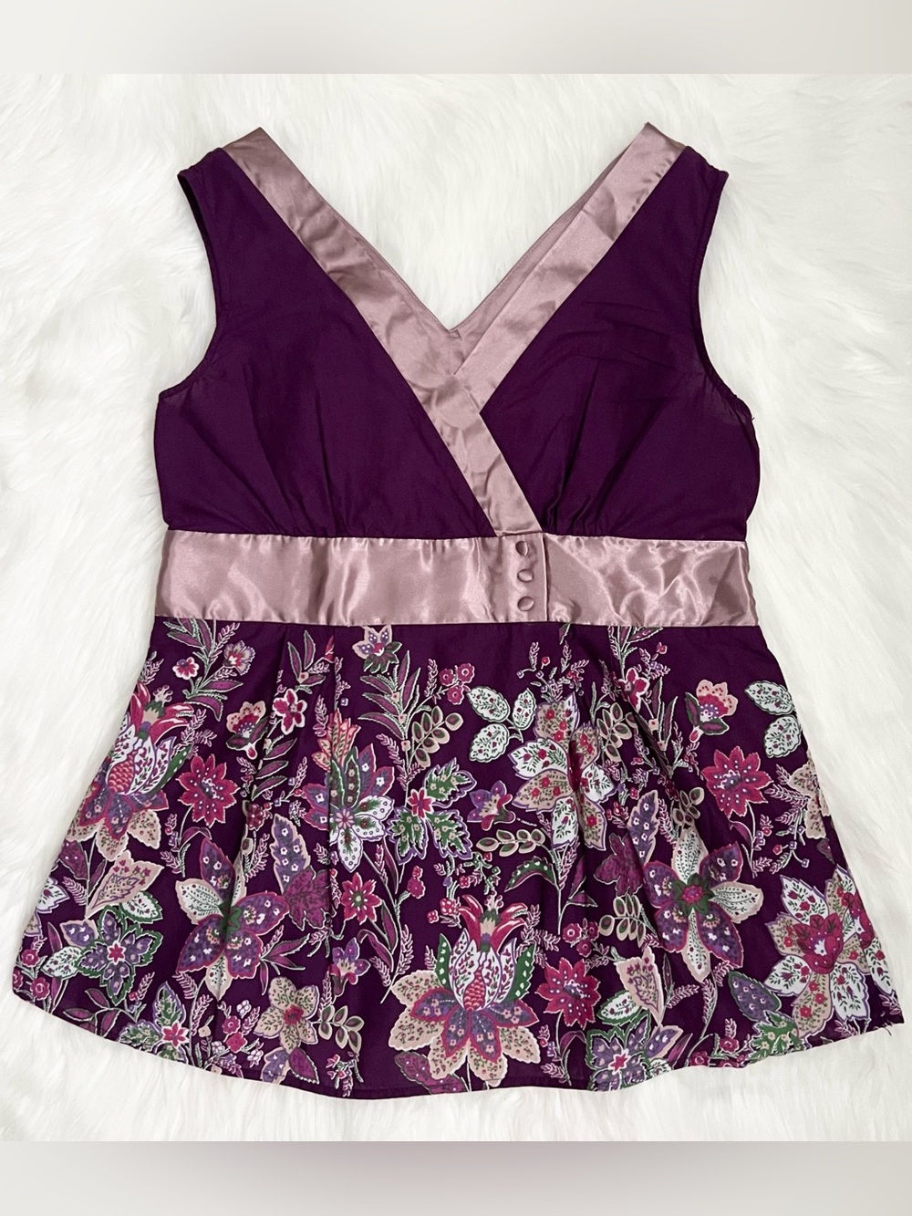 Max Rave Y2K Purple Floral Print Tank Top With Button Detail